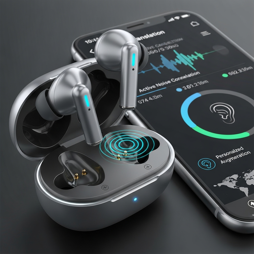 A pair of sleek, futuristic wireless earbuds, possibly representing AirPods Pro 3, resting on a charging case. In the background, there's a subtly blurred smartphone screen showing a translation app or music player interface. The overall impression is clean and high-tech. No text.