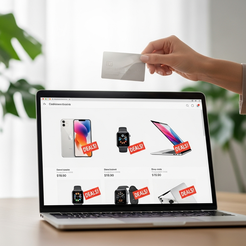 A person's hand holding a credit card over a laptop displaying an online shopping cart with various Apple products (smartphone, smartwatch, laptop) and a prominent "deals" or "discount" badge. The setting is bright and inviting, suggesting smart shopping. No text.