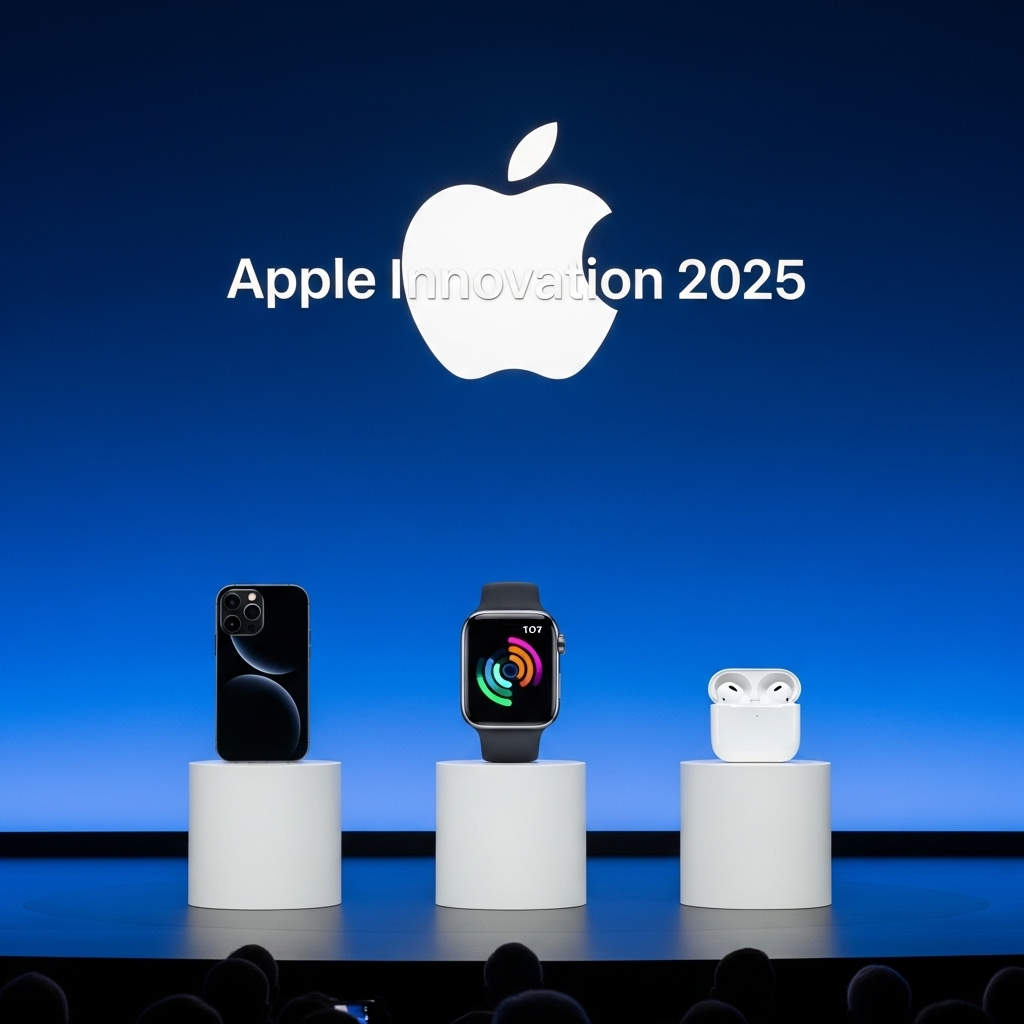 A sleek, futuristic Apple product event stage with a large screen displaying "Apple Innovation 2025" and silhouetted figures of iPhone, Apple Watch, and AirPods on pedestals. The stage is dimly lit with spotlights on the products, creating an atmosphere of anticipation. In the background, a subtle glow of a large apple logo.