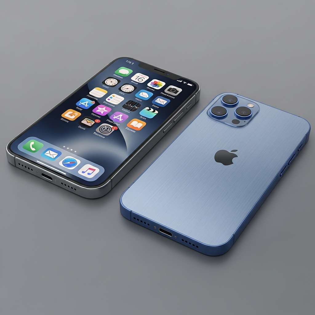 A close-up side-by-side comparison of two highly detailed, fictional smartphone designs. On the left, an 'iPhone 16 Pro' concept with a familiar design. On the right, an 'iPhone 17 Pro' concept showcasing a sleek, new aluminum unibody frame, with slightly enhanced camera lenses and a vibrant screen. Both phones are in a modern, minimalist setting.