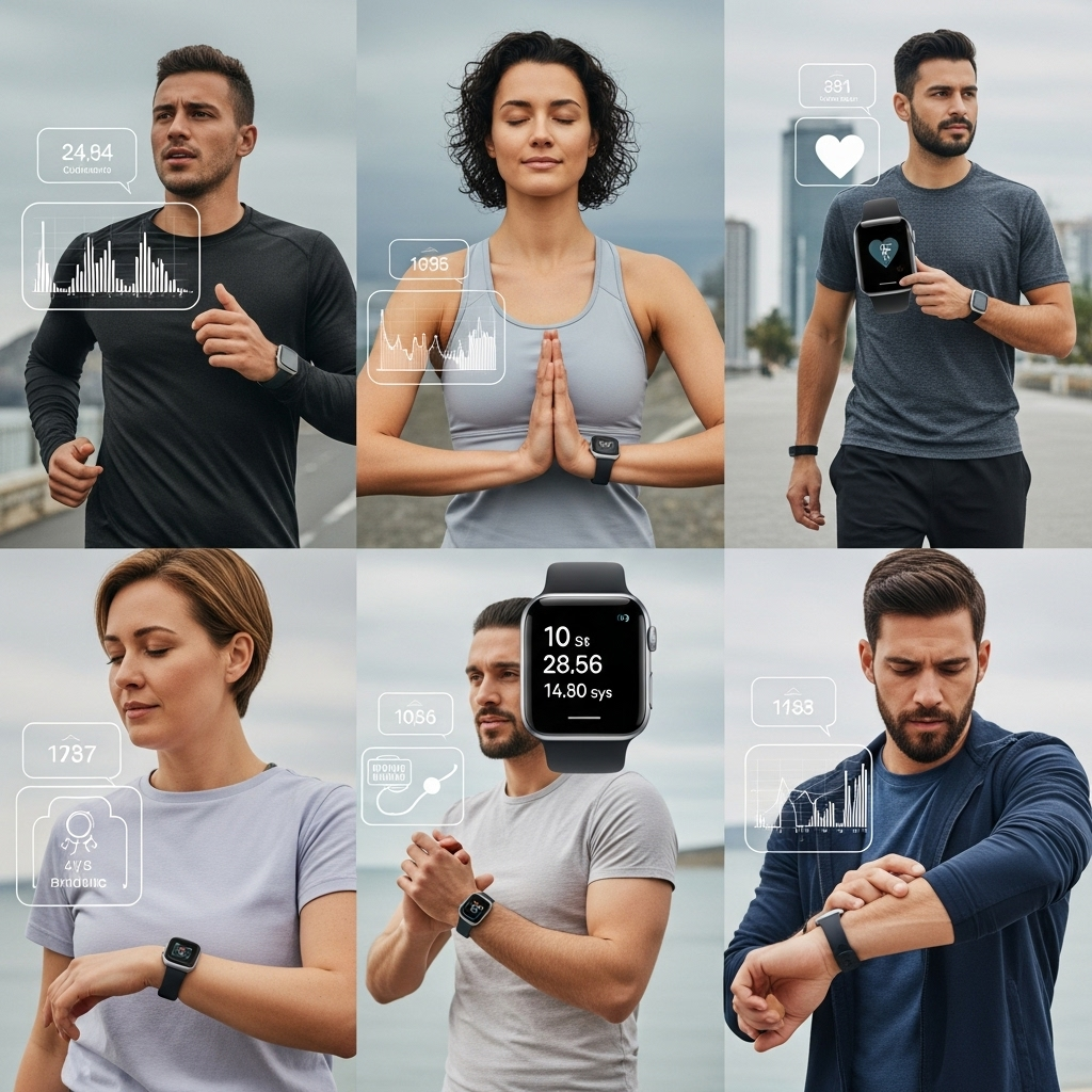 A diverse group of people wearing futuristic Apple Watches on their wrists, engaged in various health and fitness activities like jogging, yoga, and checking their heart rates. A subtle overlay of digital health metrics (like a blood pressure graph or heart rate) floats around the watches, emphasizing the advanced health monitoring features.