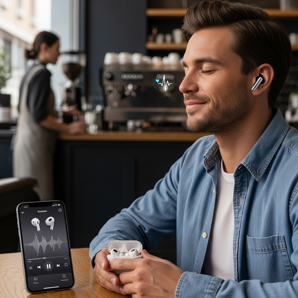 A person wearing sleek, futuristic AirPods Pro 3 (with subtle indicators of advanced features) sitting in a busy cafe, completely immersed in music. The background shows blurred cafe activity, while the person's expression is one of peaceful concentration, highlighting the powerful Active Noise Cancellation. A small, subtle heart rate icon is visible near the earbud.