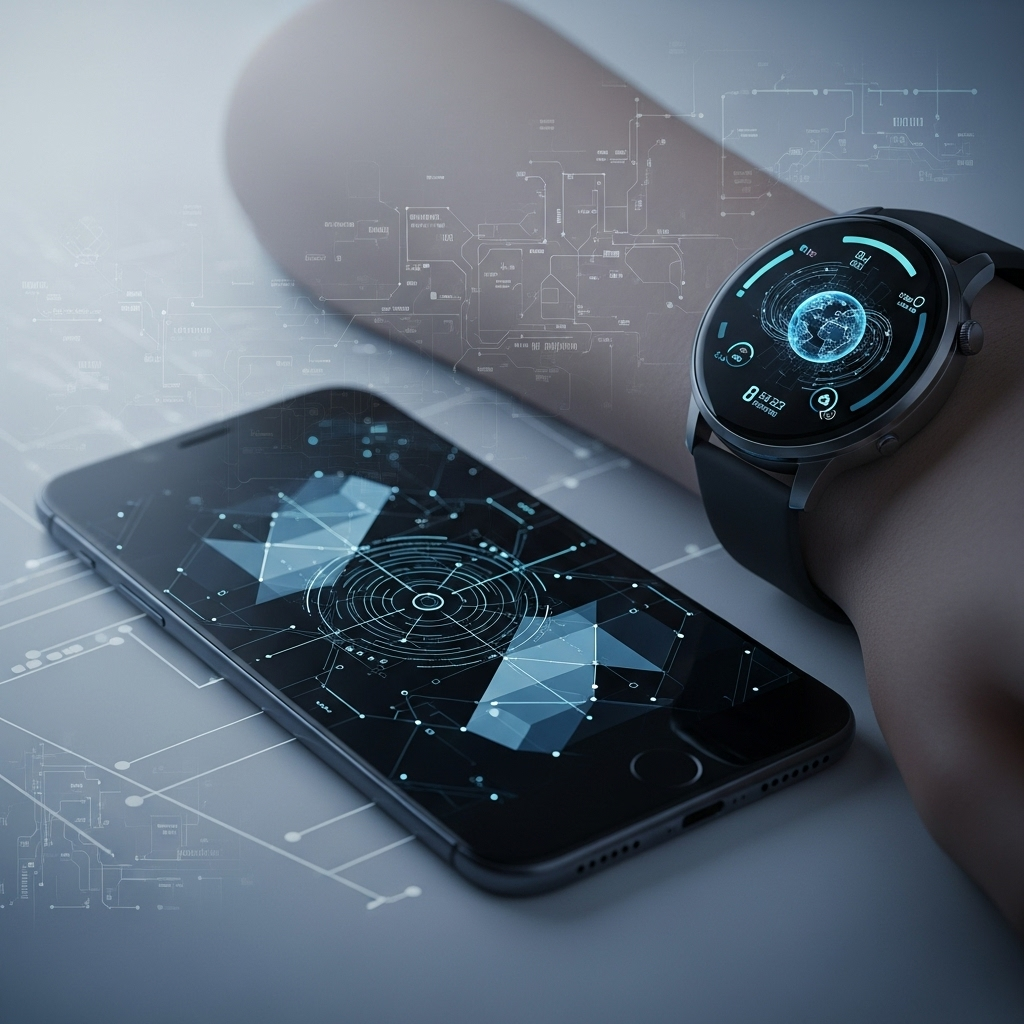 A sleek, modern smartphone with a glowing screen displaying a futuristic interface, next to a stylish smartwatch on a wrist, all against a blurred tech-inspired background. The overall aesthetic is clean and high-tech, with soft, ambient lighting. No text on the image.