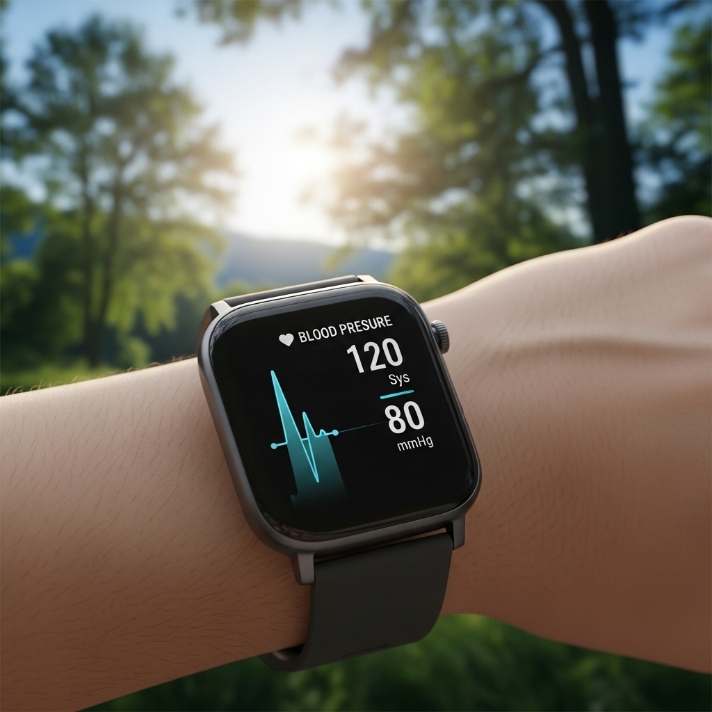 A wrist wearing a sleek smartwatch, displaying health metrics like a heart rate graph and a blood pressure reading. The background is a blurred image of a serene, natural environment, emphasizing health and well-being. No text on the image.