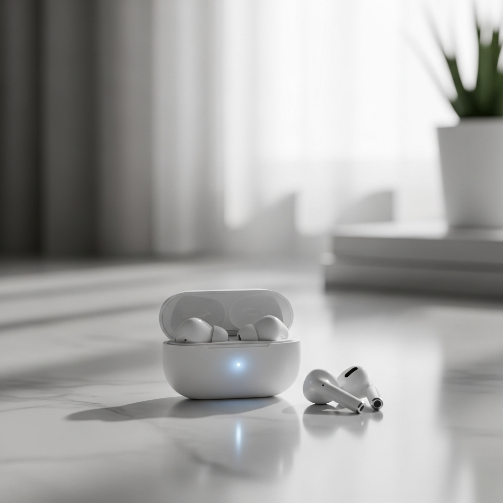A pair of sleek, white wireless earbuds resting in an open charging case on a minimalist, clean surface. A soft glow emanates from the case, highlighting the elegant design. No text on the image.