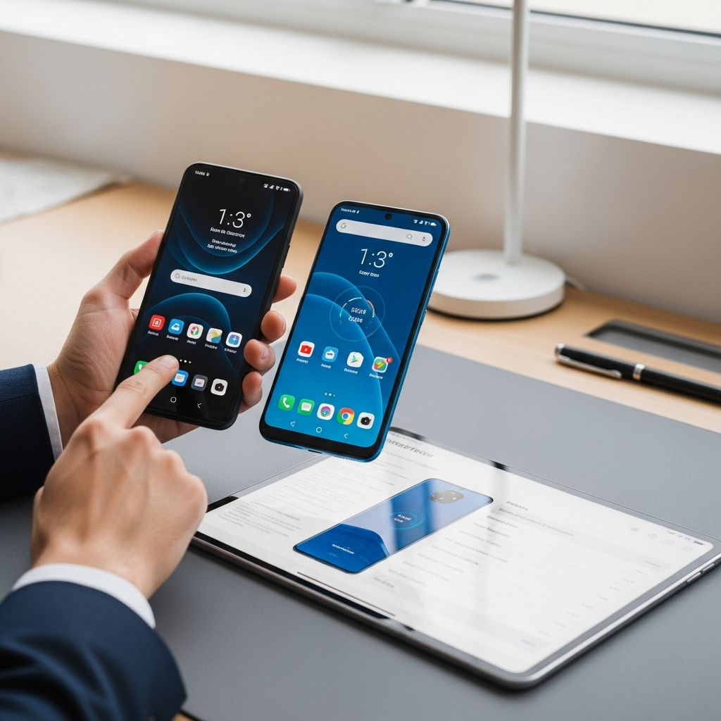 A person's hands holding two different smartphone models side-by-side, comparing their features. In the background, a tablet displays a comparison chart or review. The setting is a clean, modern desk. No text on the image.