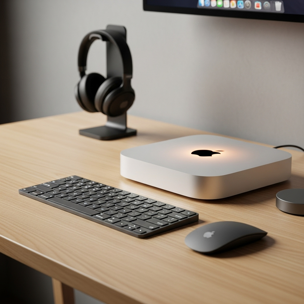 A sleek, modern Mac Mini computer placed on a clean desk, with a soft glow emanating from its logo. Various tech accessories like a stylish keyboard and mouse are subtly visible around it, hinting at a complete Apple ecosystem. No text on the image.