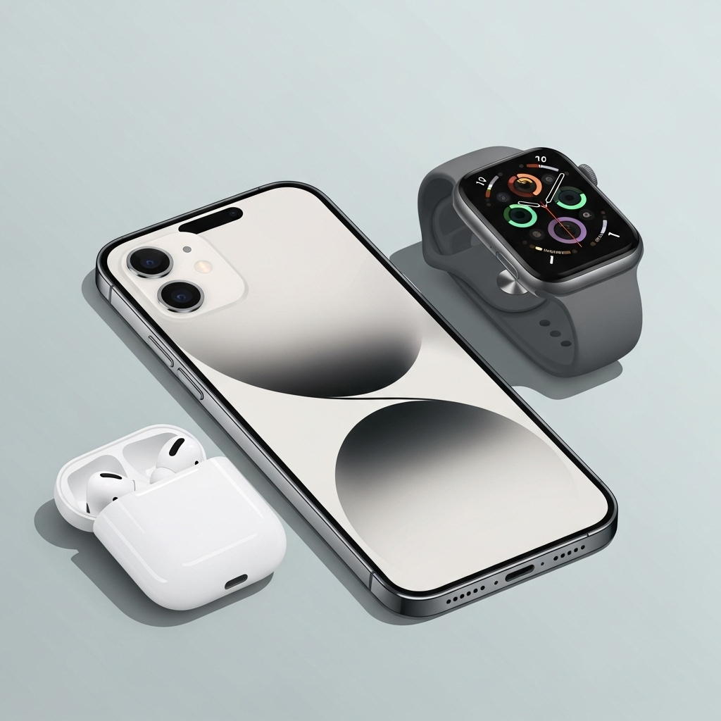 A modern, sleek illustration depicting various Apple products like the iPhone 17, Apple Watch, and AirPods Pro 3, arranged harmoniously on a light, minimalist background. The style should be clean and slightly abstract, focusing on the products' iconic silhouettes. No text on the image.