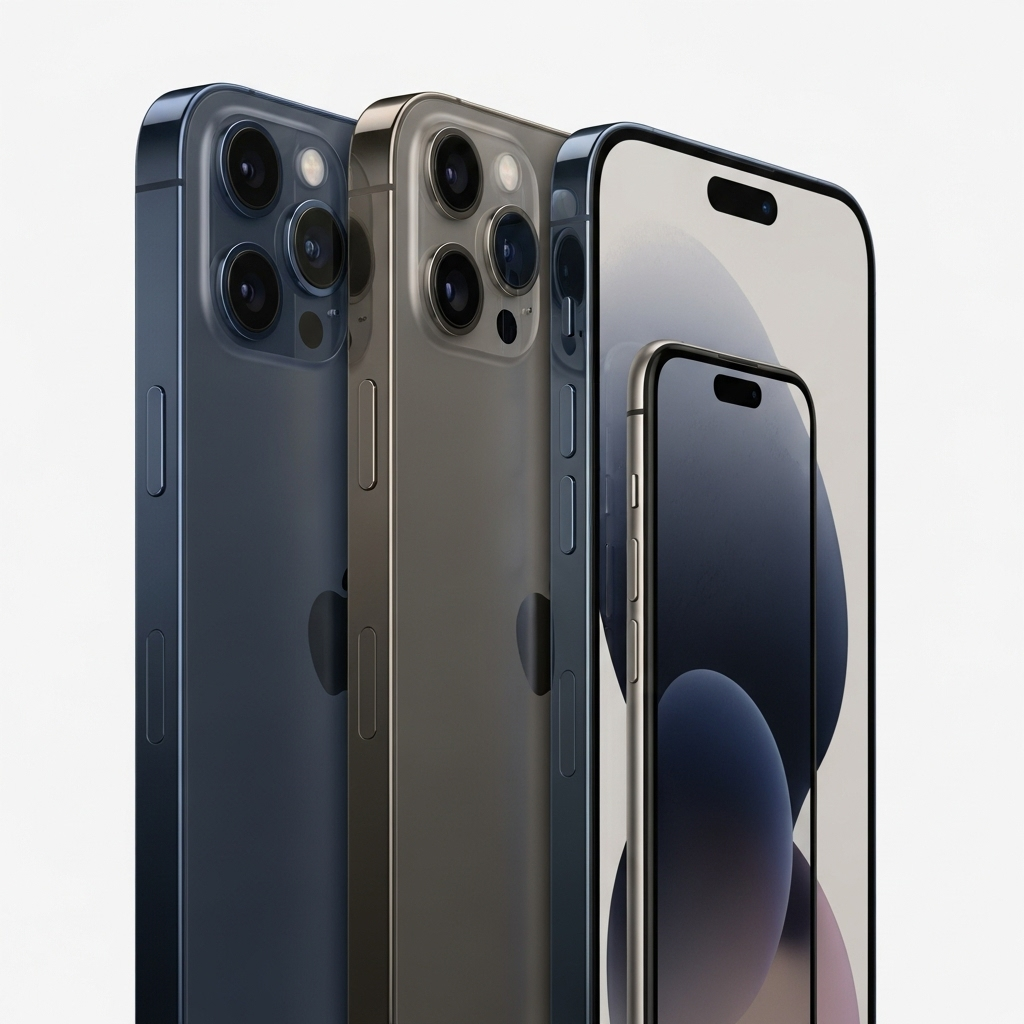 A comparison visual showing three distinct iPhone models (iPhone 17, iPhone 17 Pro, iPhone Air) side-by-side on a clean, light surface. Each phone highlights a unique design feature or color, emphasizing their individual characteristics. No text on the image.