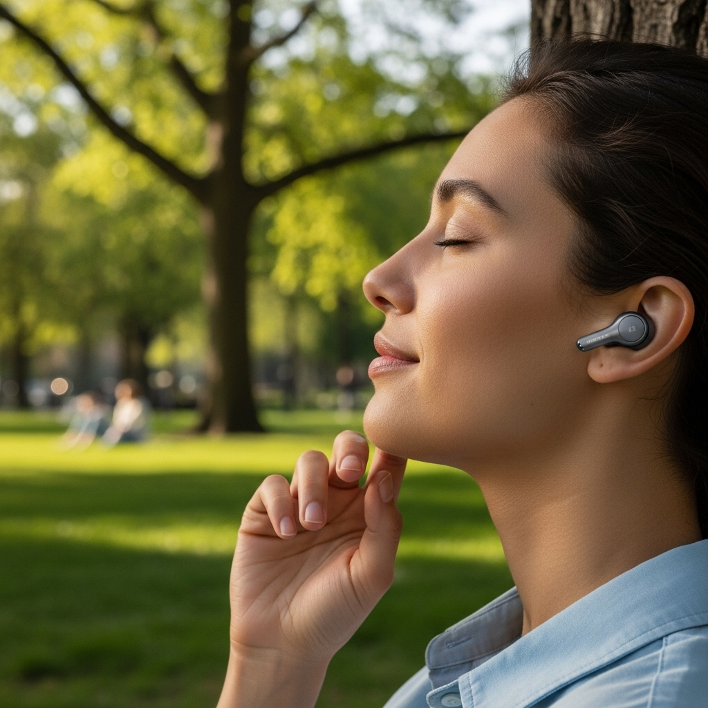 A person wearing AirPods Pro 3, looking relaxed while listening to music. The background is a soft, blurred scene of a city park, suggesting a quiet, immersive audio experience even in a public space. No text on the image.