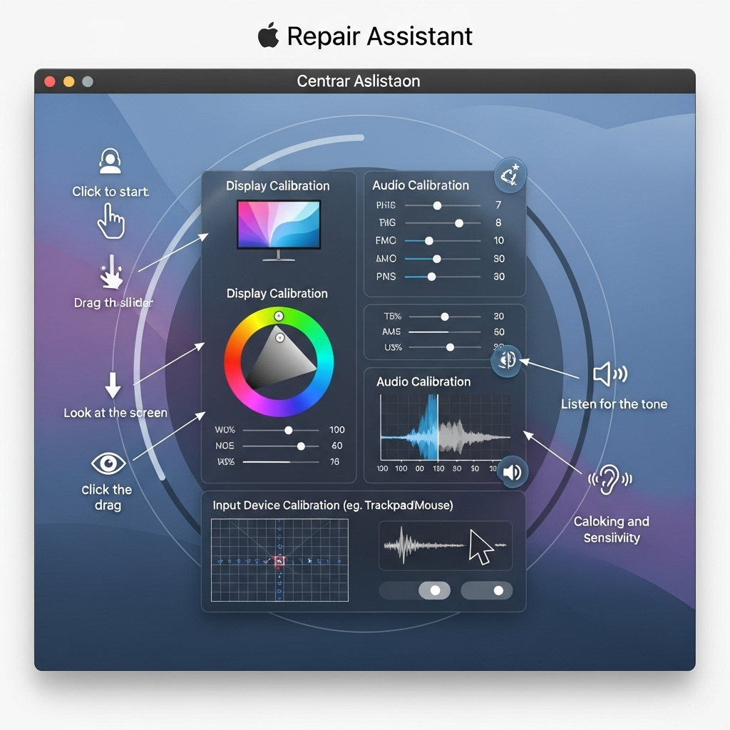 A split screen image. On one side, a user interface of iOS 26 showing new icons and a clean design. On the other side, a macOS Tahoe desktop with a new "Repair Assistant" window open, displaying graphical elements related to device calibration. No text on the image.