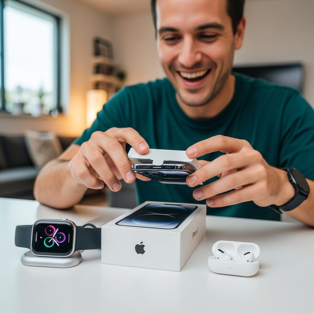 A person happily unboxing a new iPhone 17, with other Apple devices like an Apple Watch and AirPods Pro 3 visible in the background, suggesting a complete ecosystem upgrade. The scene is bright and enthusiastic. No text on the image.