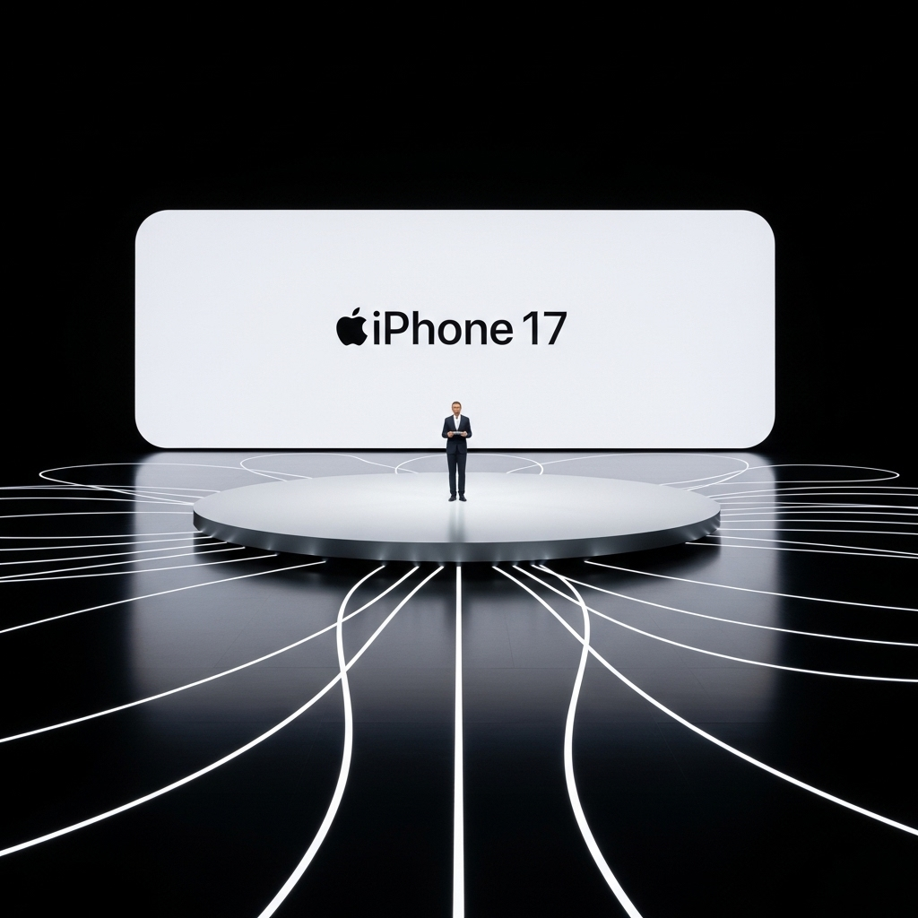 A futuristic, sleek Apple event stage with a large screen displaying "iPhone 17" in a minimalist font. The stage is bathed in soft, inviting light. There are abstract, glowing lines moving on the floor, suggesting innovation and technology. No specific people are visible, and the focus is on the technology presentation.