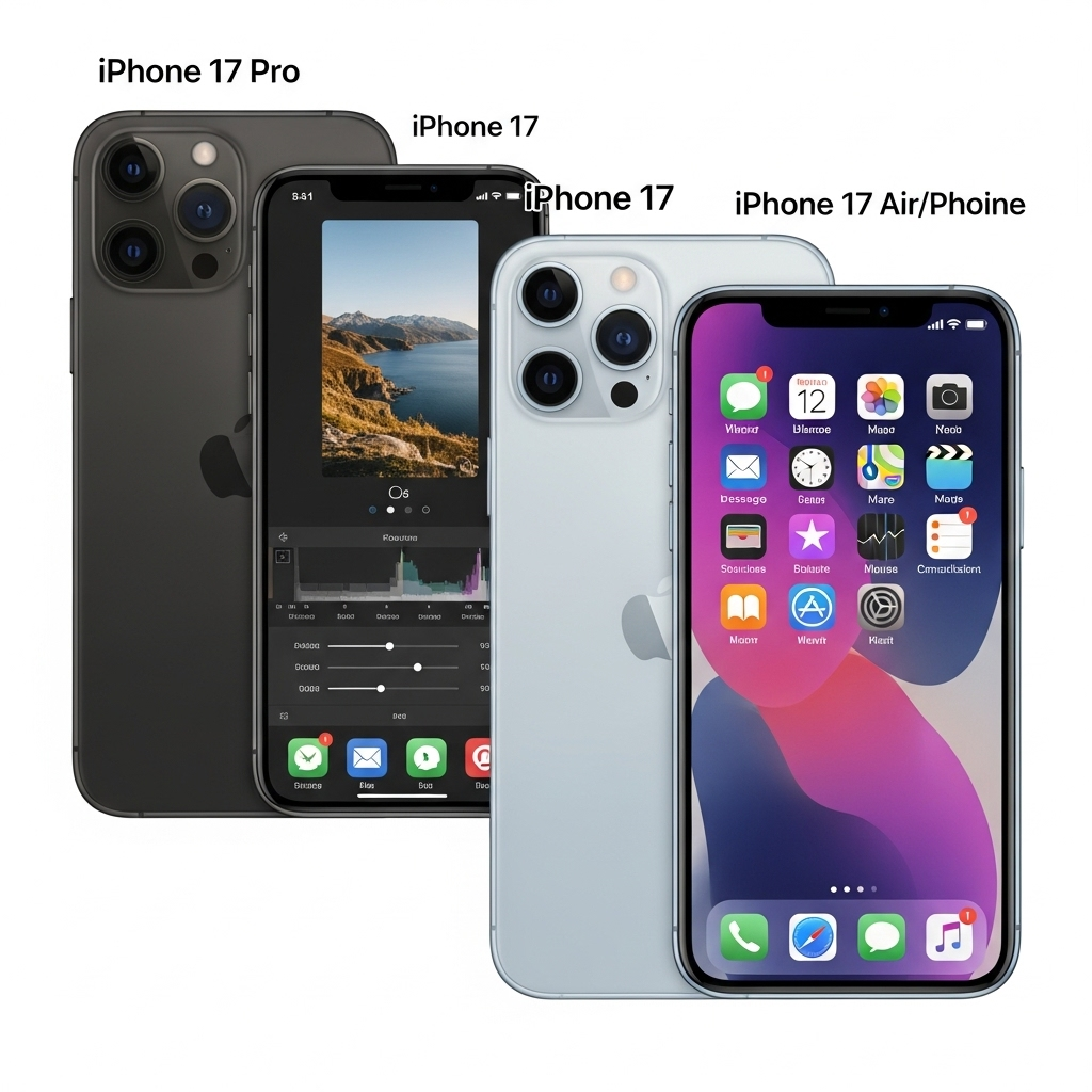 A split image showing three distinct iPhone 17 models side-by-side. One is labeled "iPhone 17 Pro" with a sophisticated camera array, another "iPhone 17" with a standard elegant design, and the third "iPhone 17 Air" appearing noticeably thinner and lighter. All phones are displaying vibrant, modern interfaces. The background is a clean, minimalistic tech lab setting.