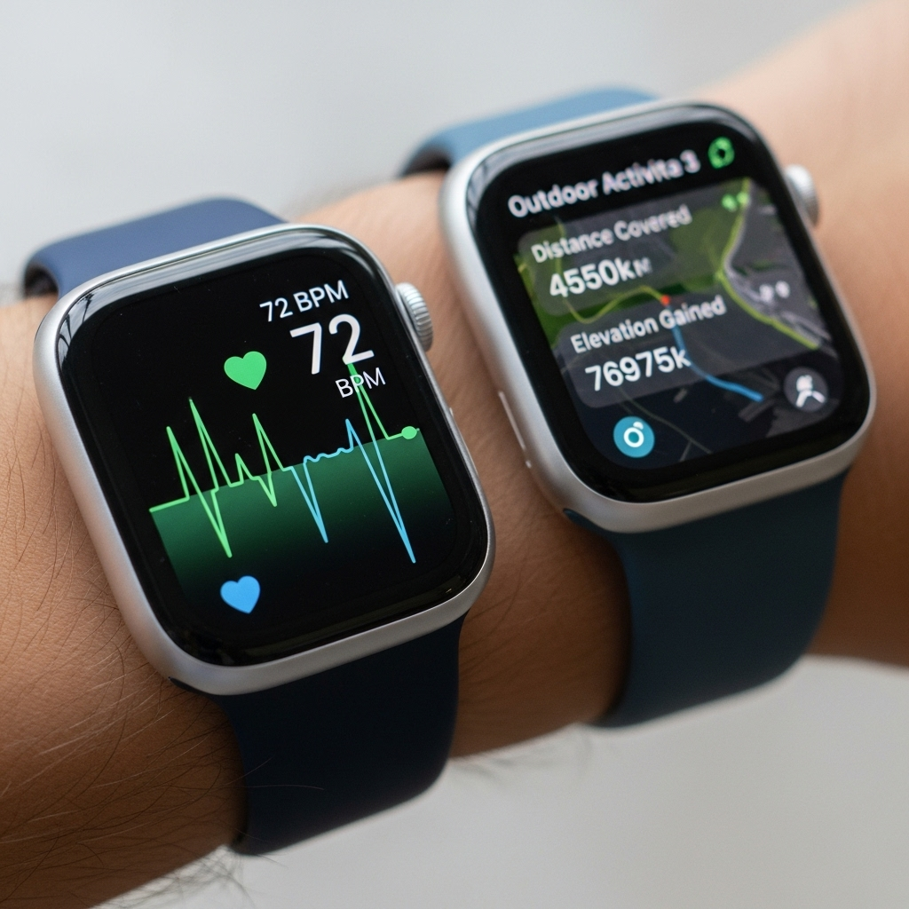 A close-up shot of an Apple Watch Series 11 on a person's wrist, displaying a heart rate monitoring interface with a clear, vibrant graph. In the background, slightly out of focus, is an Apple Watch Ultra 3 on another wrist, showing an outdoor activity tracking screen. The lighting is soft and natural, emphasizing health and technology.