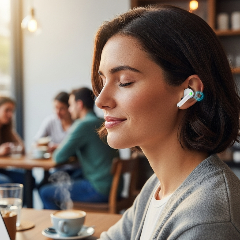 A person wearing Apple AirPods Pro 3, with a serene expression, listening to music in a bustling cafe. The background shows a slight blur, indicating the effectiveness of noise cancellation. A subtle graphic overlay suggests heart rate monitoring on the AirPod itself. The overall atmosphere is peaceful and technologically advanced.