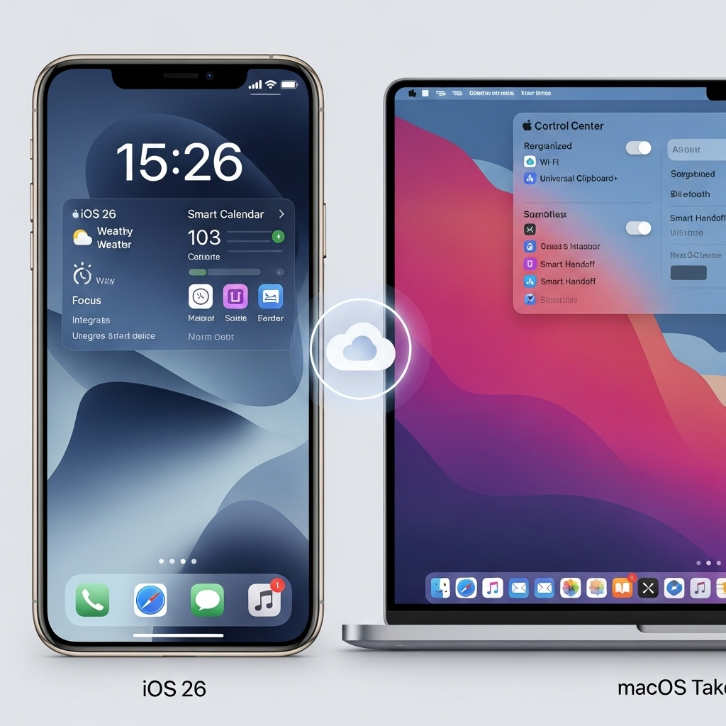 A split screen showing an iPhone running iOS 26 on the left and a MacBook running macOS Tahoe on the right. Both screens display a clean, modern user interface with new icons and features, subtly hinting at seamless integration between devices. A small, stylized cloud icon floats between them, representing iCloud. The aesthetic is clean and minimalist, focusing on digital connectivity.