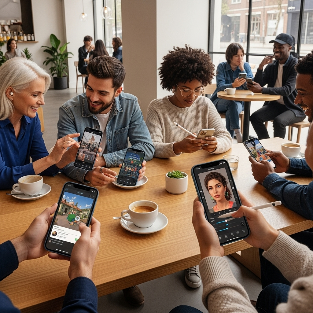 A diverse group of people happily interacting with their new iPhone 17 series smartphones in a bright, modern cafe setting. The phones show vibrant displays with various apps, and some users are taking photos. Focus on people and phones, no text on phones.