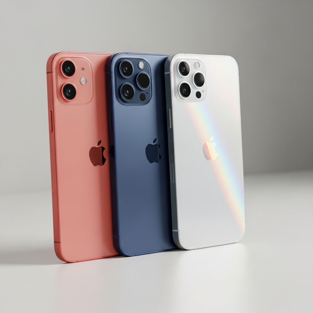 A close-up shot of three different iPhone 17 models (iPhone 17, iPhone 17 Pro, iPhone Air) neatly arranged on a minimalist desk. Each phone showcases its unique design and color, with subtle reflections. No distracting background elements.