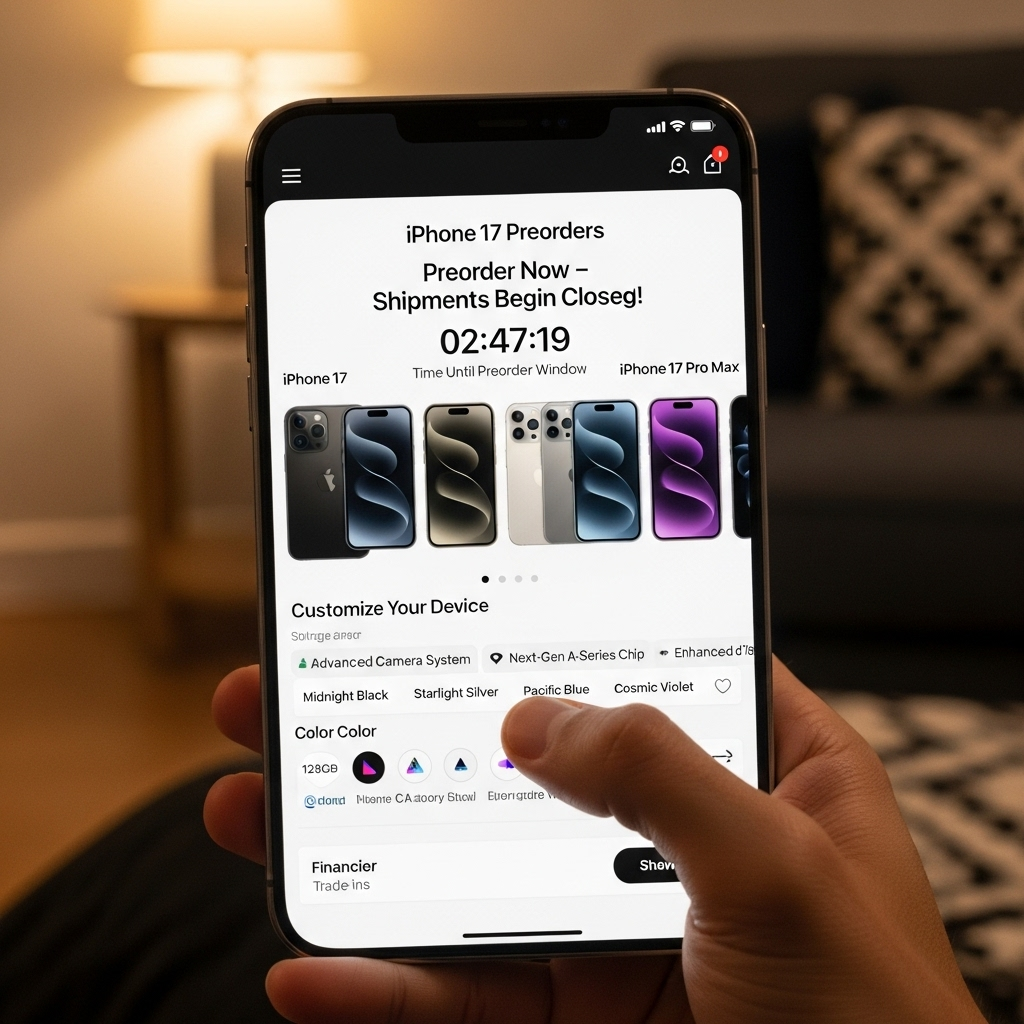 A person's hand holding an iPhone, browsing an online shopping website for iPhone 17 preorders. The screen displays various options and a countdown timer. The background is a slightly blurred cozy home environment.