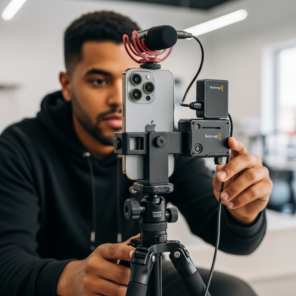 A close-up of a person professionally filming a scene using an iPhone 17 Pro mounted on a small tripod with external accessories like a microphone and a Blackmagic Camera ProDock. The setting is a well-lit, modern studio.