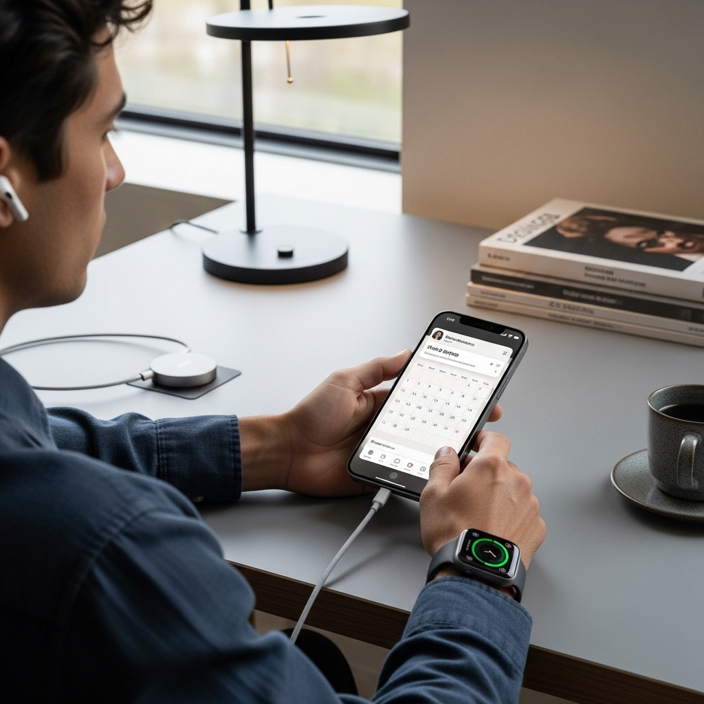 A seamless illustration showing a person using various Apple devices in harmony: an iPhone 17 on a desk, an Apple Watch Ultra 3 on their wrist, and AirPods Pro 3 in their ears, all connected and working together in a stylish, clean environment. The overall impression is one of integrated technology.