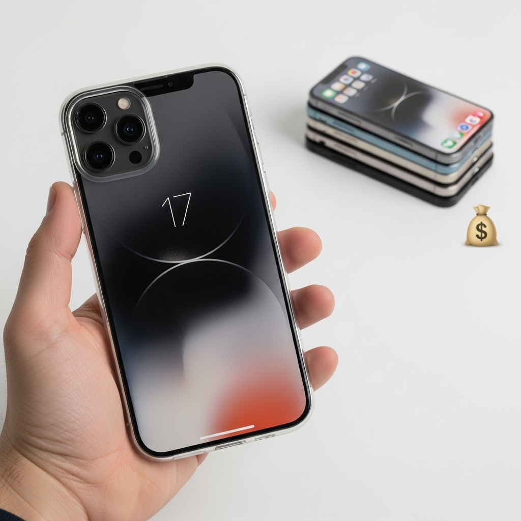 A hand presenting a new iPhone 17 in a protective clear case, with a stack of older iPhones in the background, symbolizing trade-in. A small money bag icon is subtly placed nearby, suggesting financial benefit. Focus on the phones and hand, with a clean background.