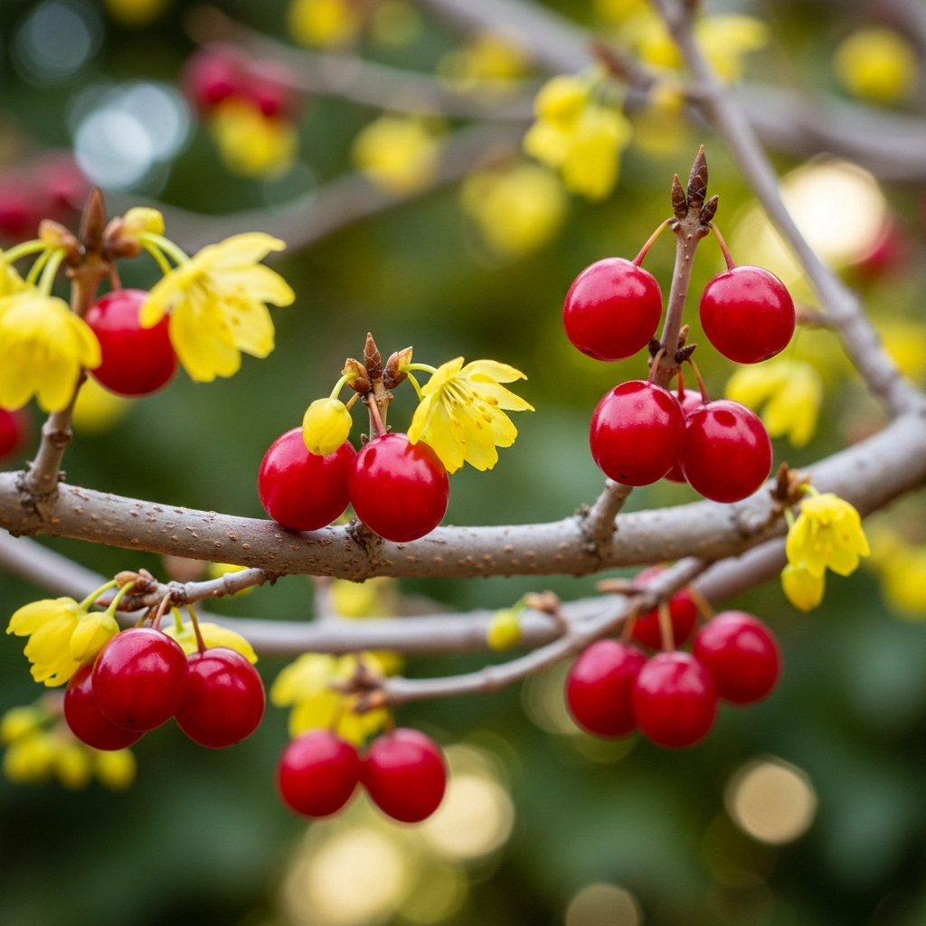 산수유 - A vibrant, detailed image of Cornelian cherry (Sansuyu) branches with both ripe red berries and some yellow flowers, set against a soft, natural background. The berries are prominent and look juicy. Natural lighting, high resolution.