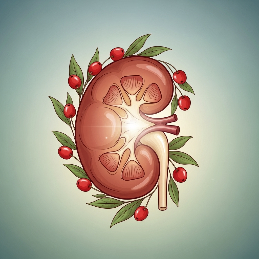 A stylized, clean illustration of a human kidney with a gentle, glowing effect, surrounded by small, delicate Cornelian cherry berries and leaves. The overall mood is calm and healthy.
