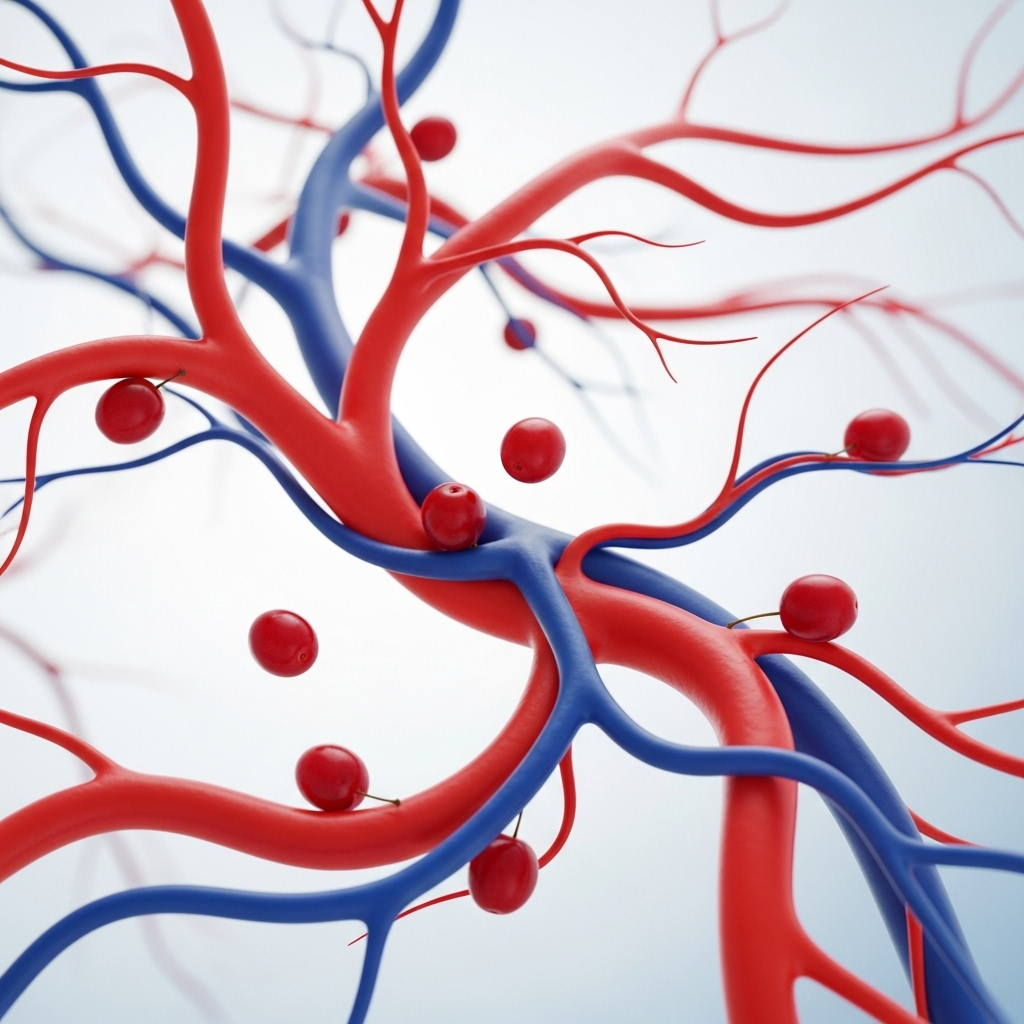 A clear, artistic representation of healthy blood vessels (arteries and veins) with small Cornelian cherry berries gracefully integrated into the composition, suggesting protection and health. The background is clean and slightly medical-aesthetic.