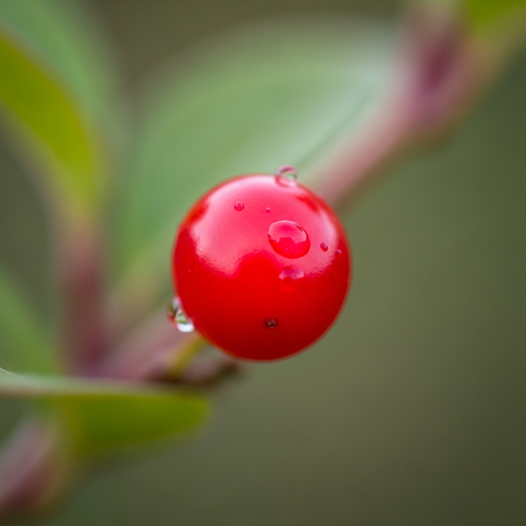 A close-up shot of a healthy, vibrant Cornelian cherry berry, perhaps with a slight glow, symbolizing its antioxidant and immune-boosting properties. The background is soft and out of focus, highlighting the berry.
