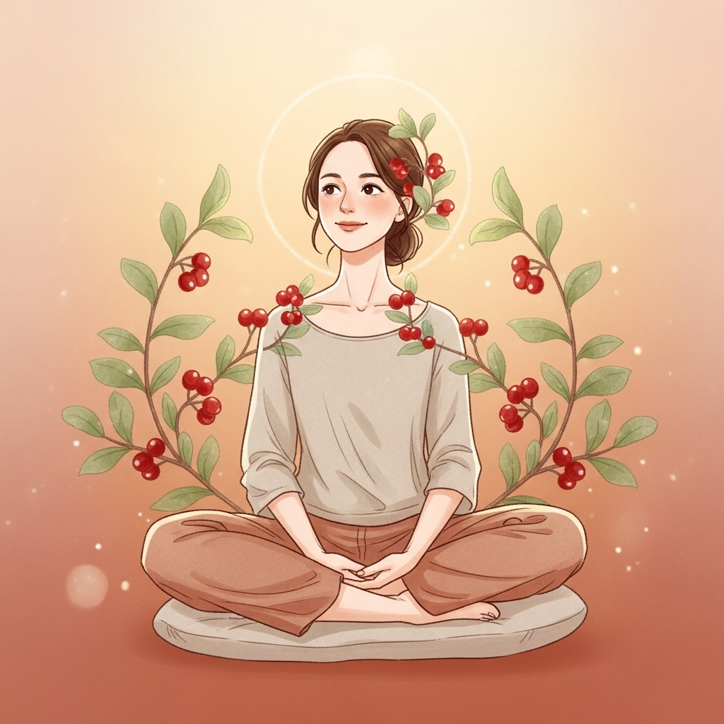 A serene, gentle illustration of a woman in a comfortable, healthy posture, with subtle, warm-toned Cornelian cherry elements around her, symbolizing feminine health and warmth. The overall atmosphere is calm and nurturing.