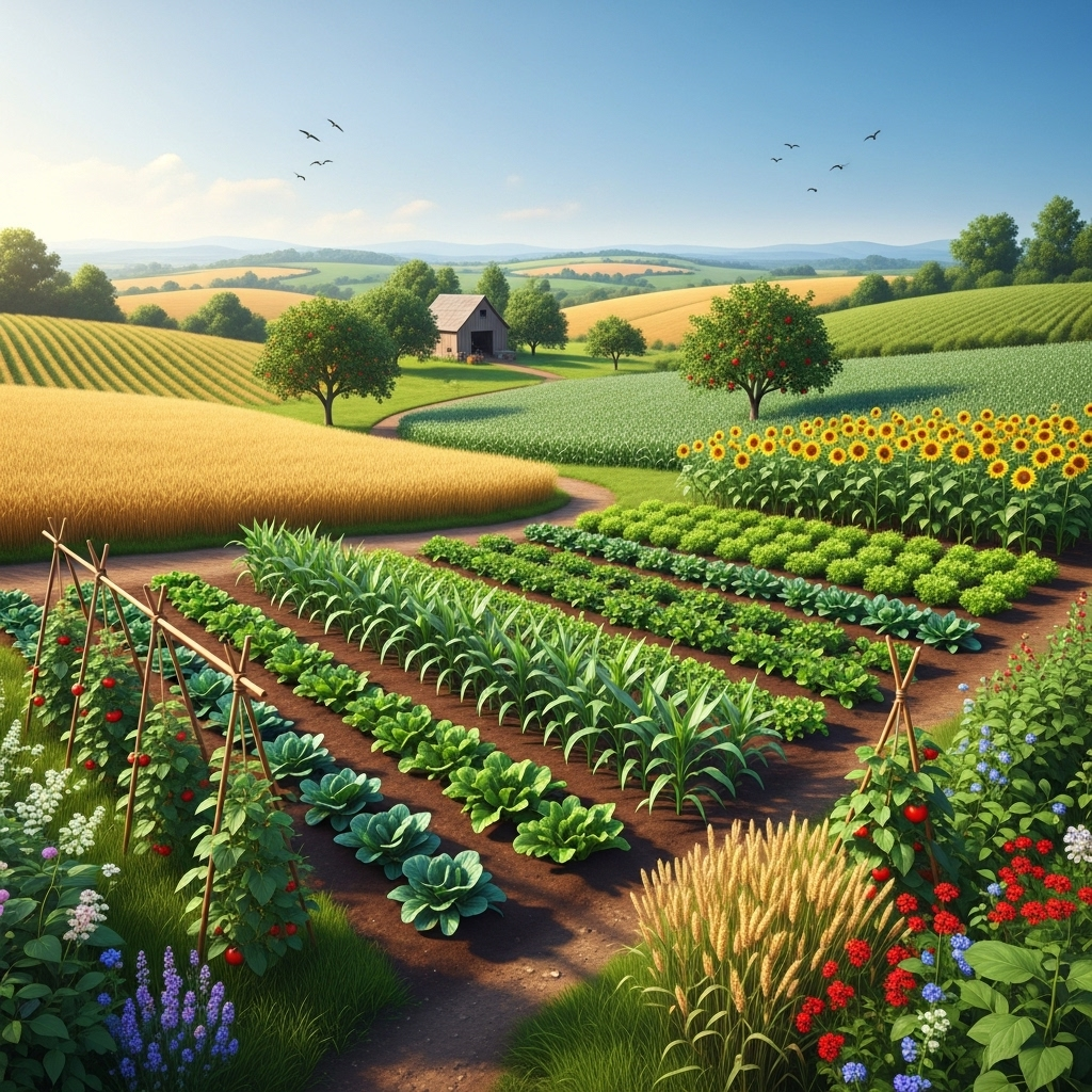 유기농 재배 - A vibrant, lush organic farm landscape under a clear sky, with diverse crops growing harmoniously, no text.