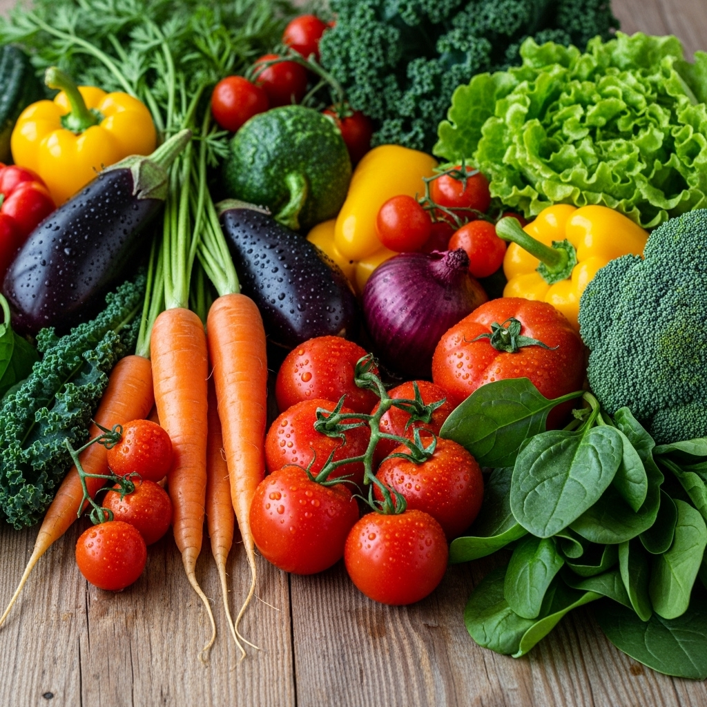 A close-up shot of a variety of fresh, colorful organic vegetables such as carrots, tomatoes, and leafy greens, artfully arranged on a rustic wooden table, no text.