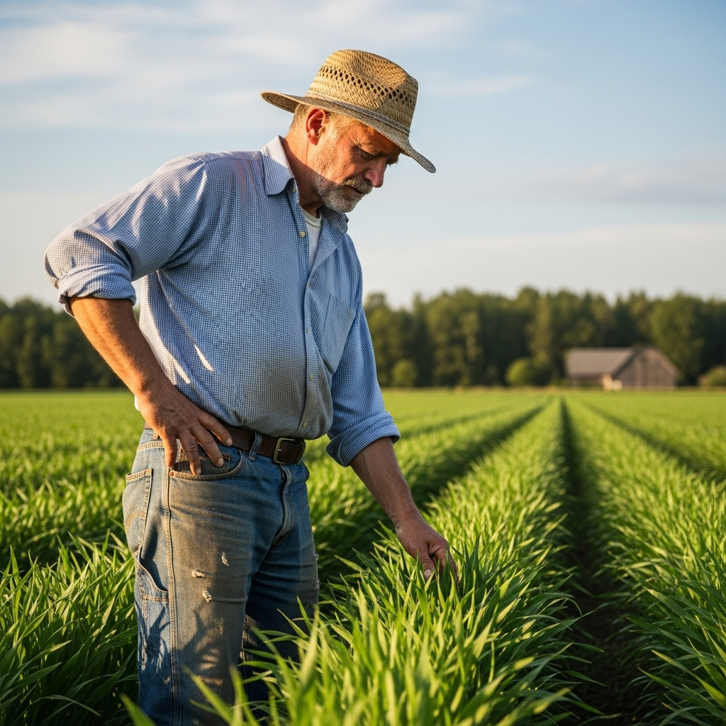 A dedicated farmer in a field, looking thoughtfully at the crops, possibly inspecting them for growth or challenges, with a background of green fields, no text.