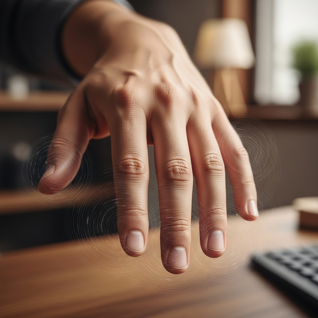 A person's hand with a subtle tingling or numb sensation, depicted by faint, shimmering lines around the fingertips. The background is a soft, blurred home or office setting, suggesting everyday life. No text in the image.