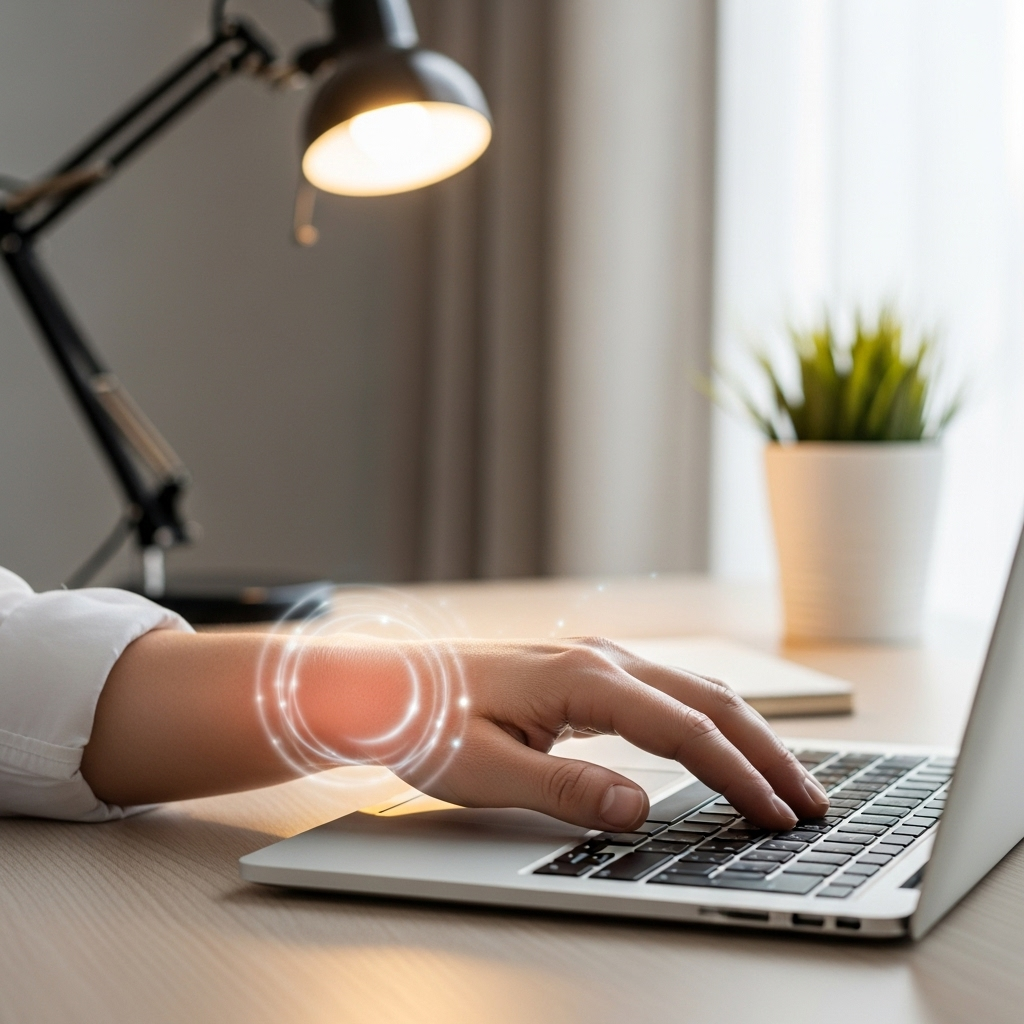 A person's hand typing on a laptop keyboard, with a subtle glow around the wrist area indicating strain or pressure. The hand appears to be experiencing discomfort, but no overt pain. The background is a clean, modern desk. No text.