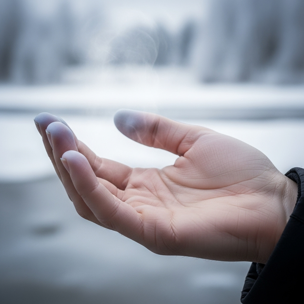 A hand with fingertips appearing slightly blue or pale, contrasting with the normal skin tone, against a snowy or cold-weather background. The hand is gently cupped as if trying to warm itself. No text.