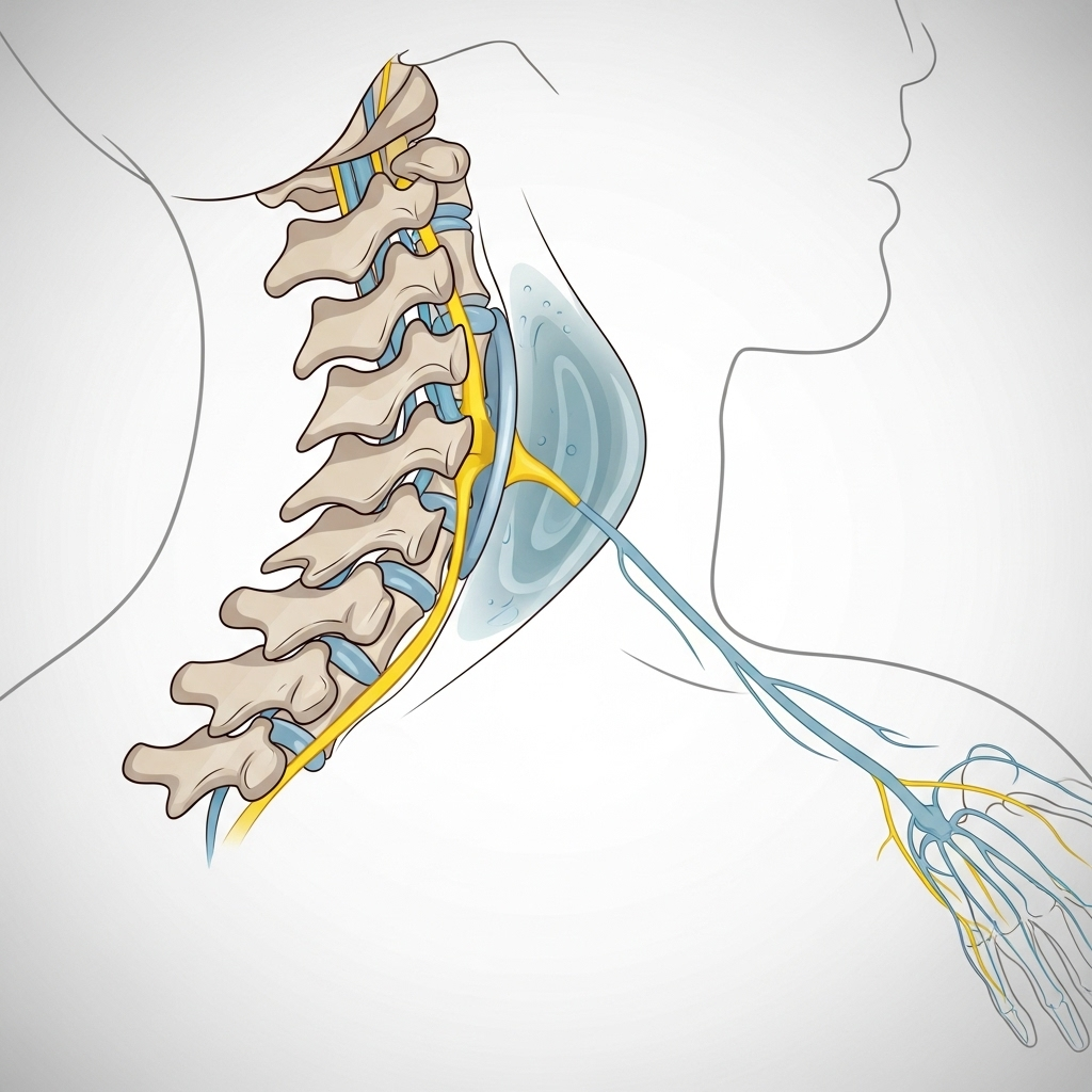 A stylized illustration of a human cervical spine (neck area) with a bulging disc gently pressing on a nerve root, and a faint line extending from the nerve down towards an arm and hand, indicating nerve pathway. No text.