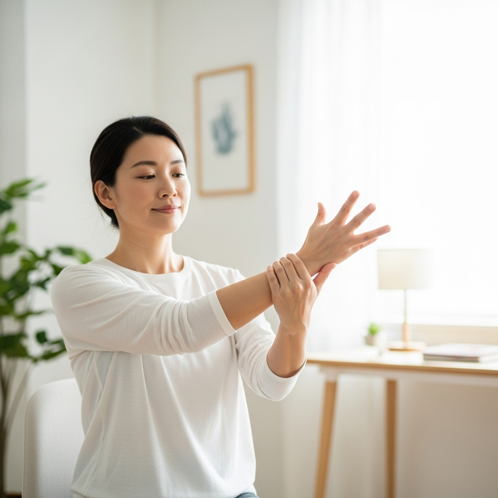 A person gently stretching their fingers and wrist, looking relaxed and focused on the movement. The setting is bright and calm, perhaps a home or office. No text.