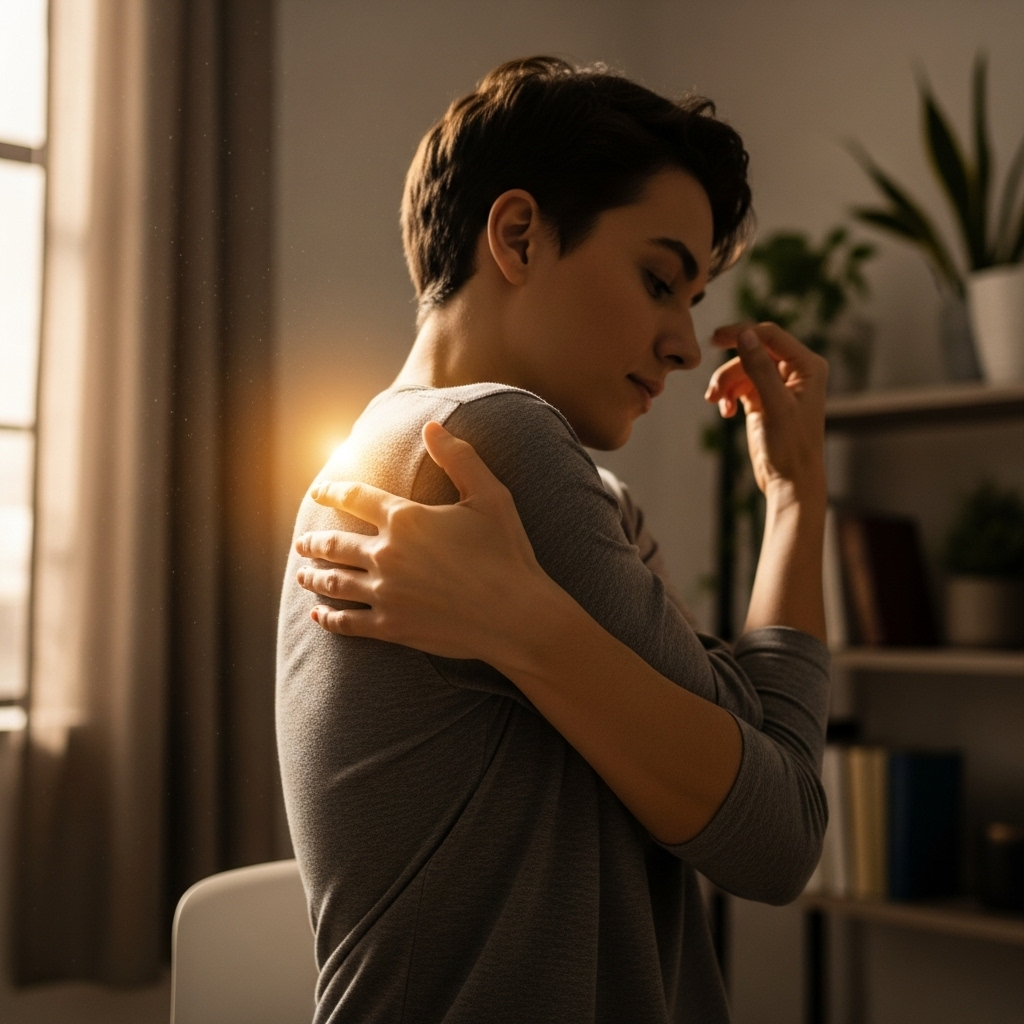 A person gently stretching their shoulder and back, looking relieved, with a subtle glow around the shoulder blade area. The background is a soft, warm office or home setting. No text in the image.