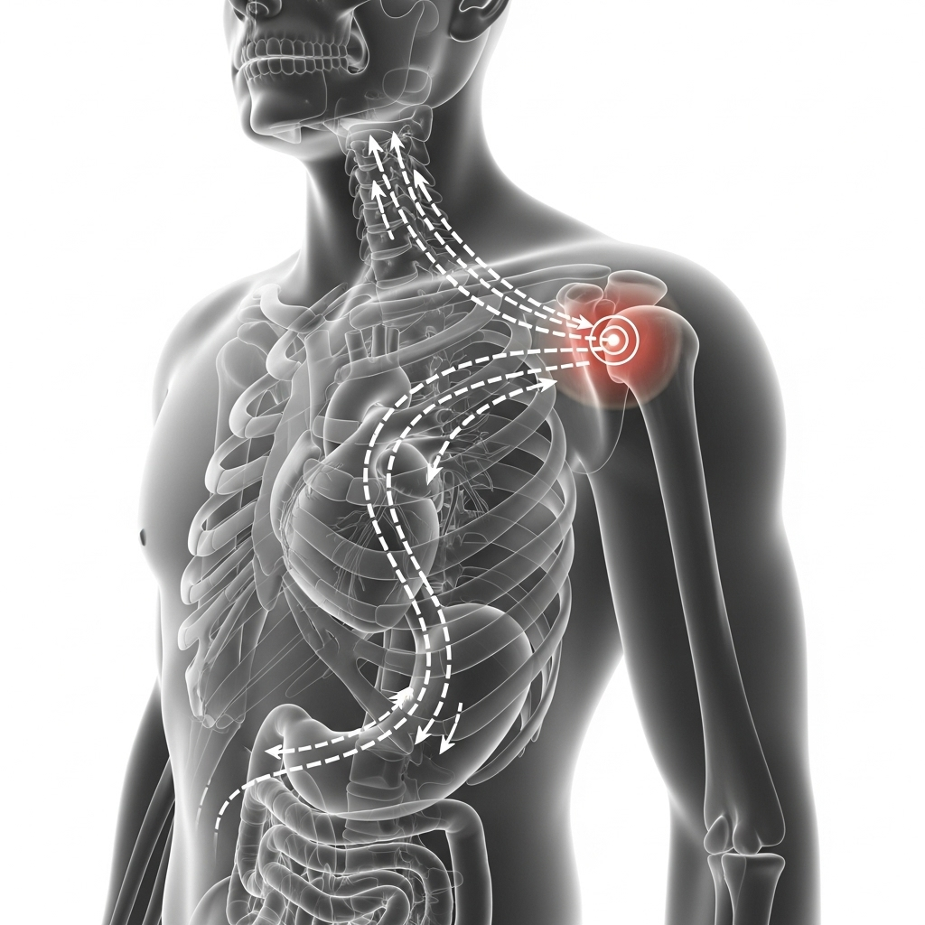 A diagram showing the left side of the human upper body, with arrows pointing from the heart and stomach area towards the left shoulder blade to illustrate referred pain. Medical illustration style, no text.