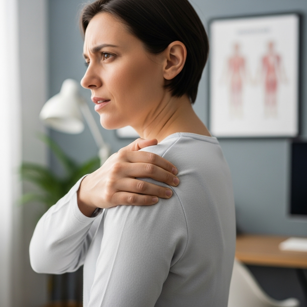 A person gently pressing their right shoulder blade area, showing a slight discomfort but also a sense of inquiry. The background is a soft, professional medical office setting. No text in the image.