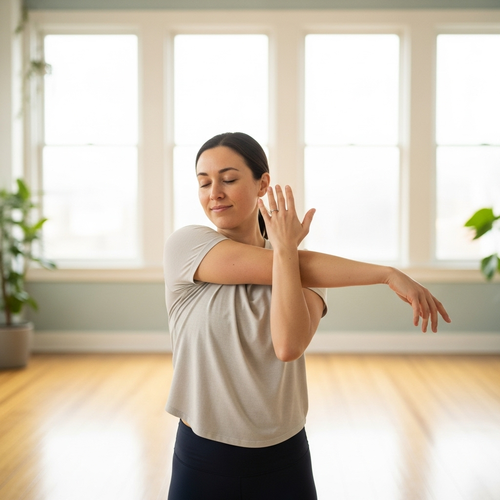 A person performing a gentle shoulder stretch, reaching one arm across their body while looking relaxed and focused. The background is a bright, airy room. No text in the image.