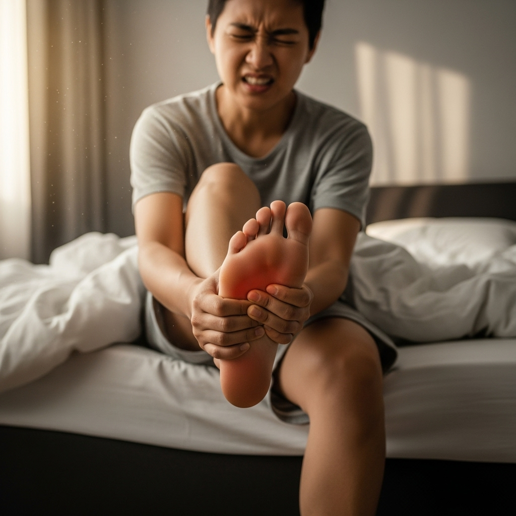 발뒤꿈치 통증 - A person experiencing a sharp heel pain while taking their first steps in the morning, holding their foot, with a soft, warm light in the background. No text.
