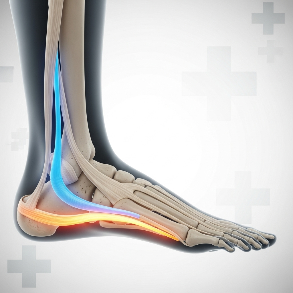 A detailed anatomical diagram of the human foot, highlighting the plantar fascia and Achilles tendon with a subtle glow, on a clean, medical-themed background. No text.