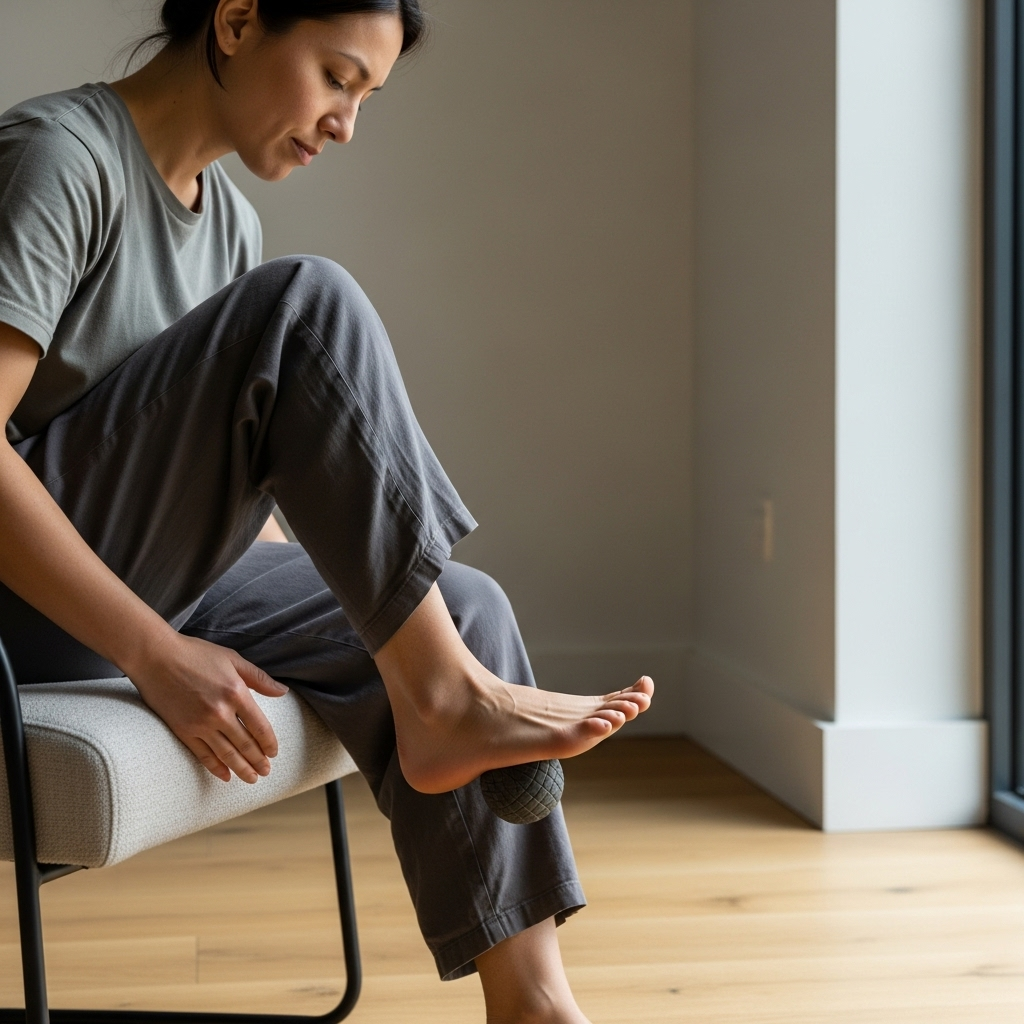A person sitting on a chair, gently rolling a small ball under their foot to massage the arch, with a focused and calm expression in a bright room. No text.