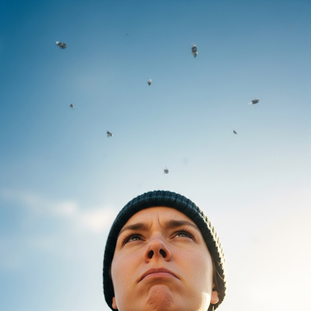 A person looking up at a clear blue sky, with subtle, translucent, fly-like shapes floating in their vision. The person's face shows a slight expression of confusion or mild annoyance. The background is a bright, sunny sky with minimal clouds. The style is realistic and clean.