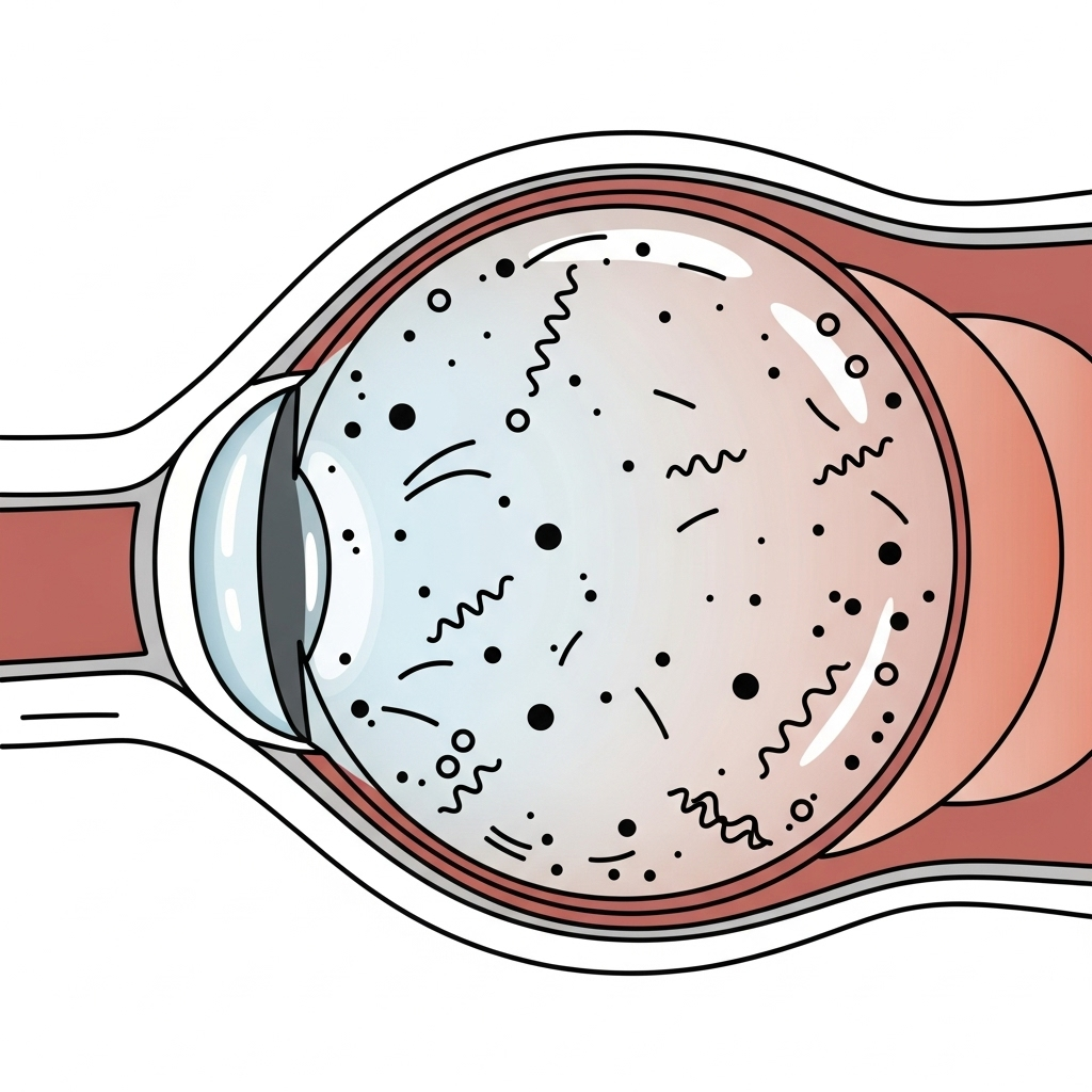 A stylized illustration of an eye with various shapes (dots, lines, wavy patterns) floating in the vitreous humor, depicted as a transparent gel. The background is a simplified cross-section of an eye with the retina at the back. The style is clean and informative.