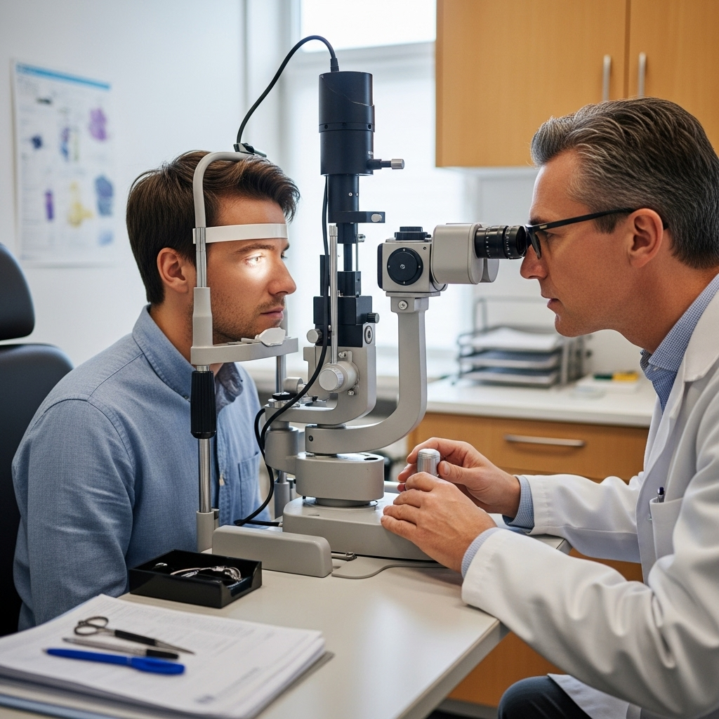A concerned-looking person in an ophthalmologist's office, having their eye examined by a doctor using specialized equipment. The scene is clean, professional, and reassuring. The doctor wears glasses and a white coat. The patient is calm but attentive.